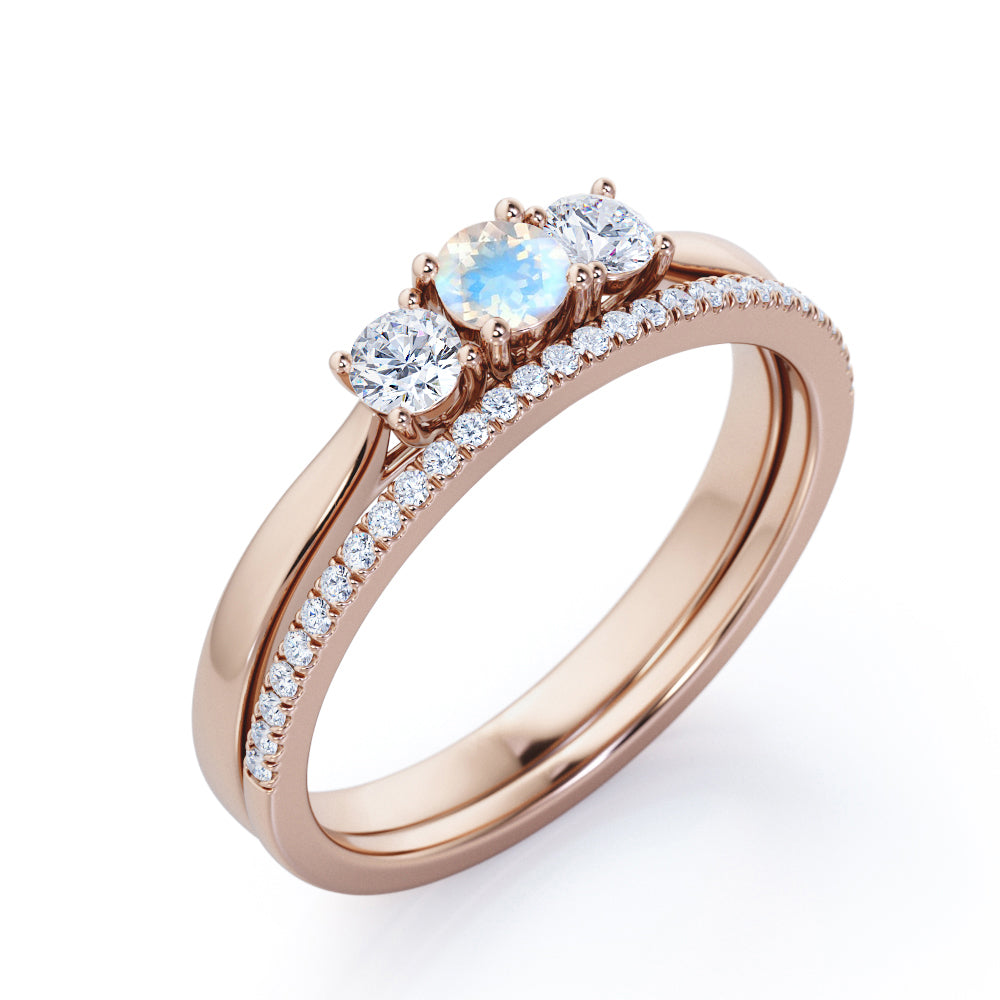 Elegant Trilogy 1.4 carat Round cut Rainbow Moonstone and diamond eternity wedding ring set for women in Rose gold