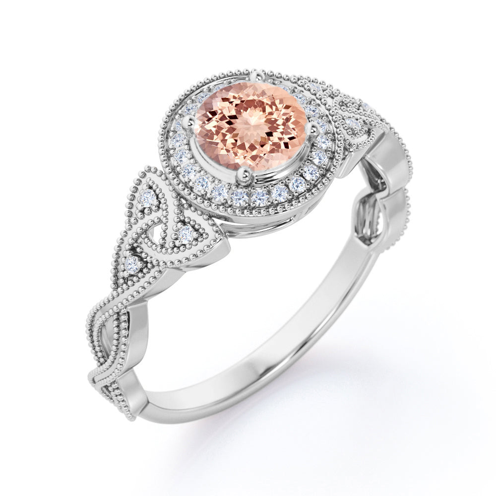 Twisted Vine 1.25 carat Round cut Peach Pink Morganite and diamond milgrain halo engagement ring in White gold