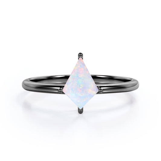 Classic 4 prong 1 carat Kite cut Ethiopian Opal solitaire engagement ring in Black gold