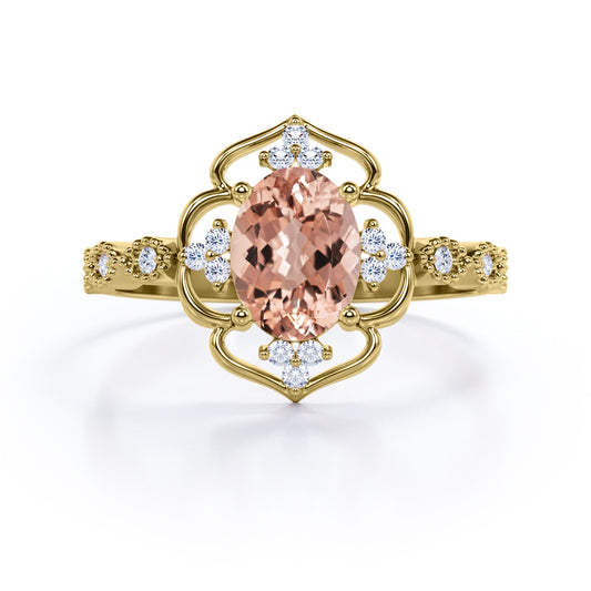 Open Halo style 1.2 carat Oval cut Morganite and diamond floral milgrain engagement ring in Yellow gold