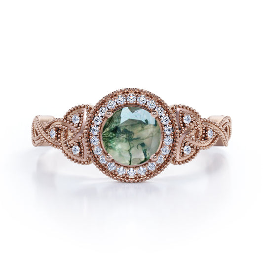 1.5 carat Round cut floral rope design Moss Green Agate and diamond halo engagement ring in Rose gold