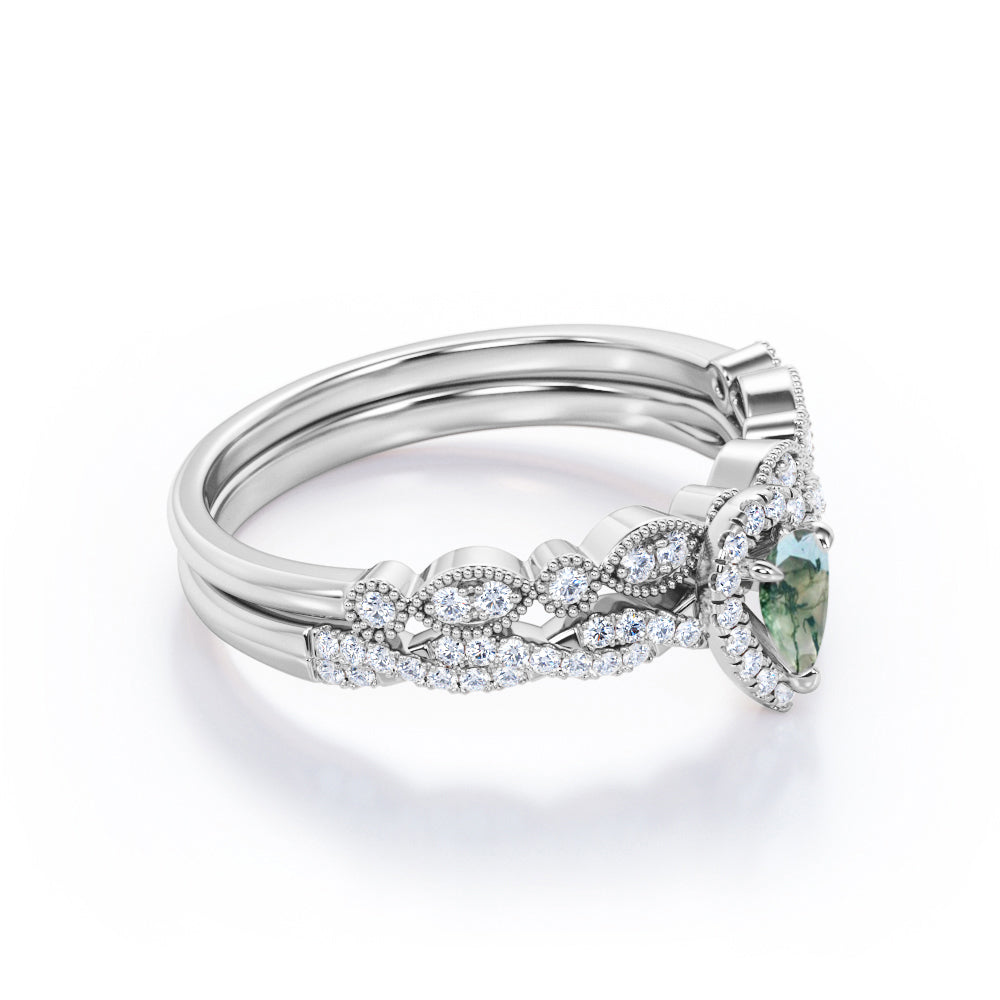 Infinity Halo 1.1 carat Pear cut Moss Green Agate and diamond bridal set for her in White gold