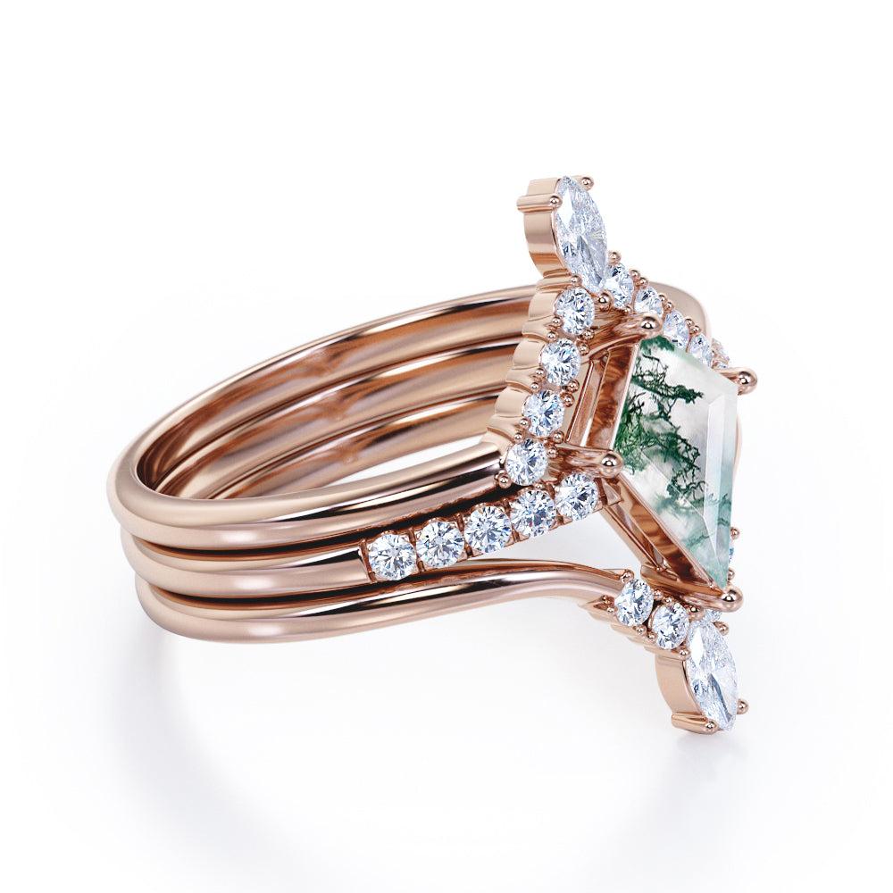 Eccentric Chevron style 1.4 carat Kite shaped Moss Green Agate and diamond trio wedding ring set for women in Rose gold