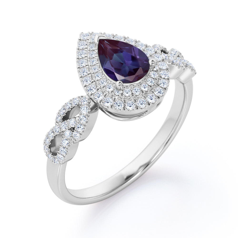 Floral leaf inspired 1.75 carat Pear cut Lab created Alexandrite and diamond double halo engagement ring in White gold
