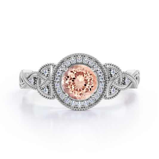 Twisted Vine 1.25 carat Round cut Peach Pink Morganite and diamond milgrain halo engagement ring in White gold