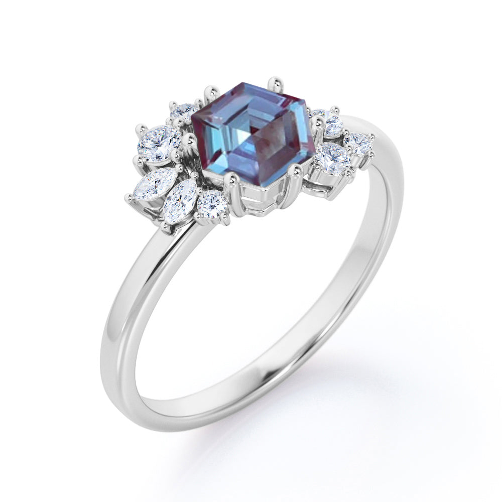 Butterfly style 1.15 carat Hexagon shaped Lab made Alexandrite and diamond marquise and dot engagement ring in Black gold