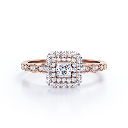Exquisite double halo 1.25 carat Princess cut Moissanite and diamond milgrain engagement ring in Rose gold