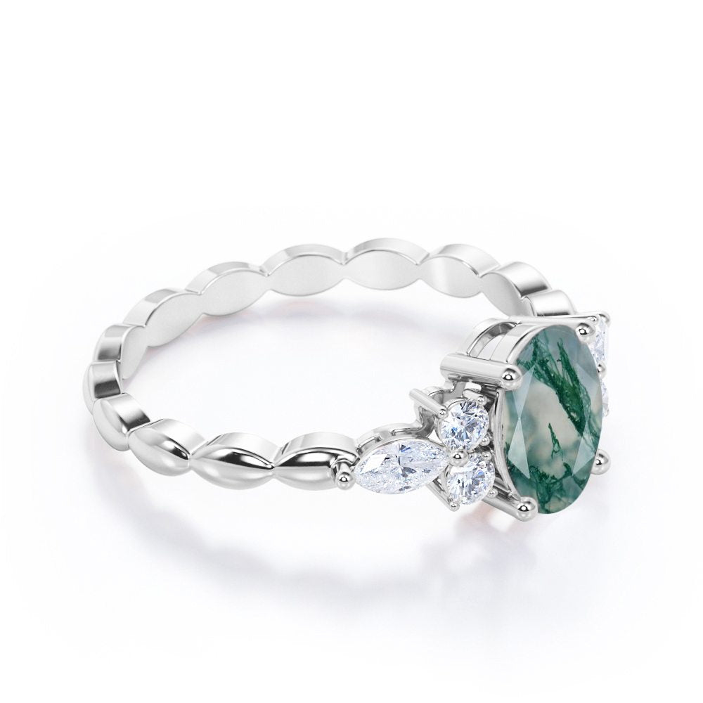 Marquise Twisted Rope design 1.15 carat Oval cut Moss Green Agate and diamond engagement ring in White gold
