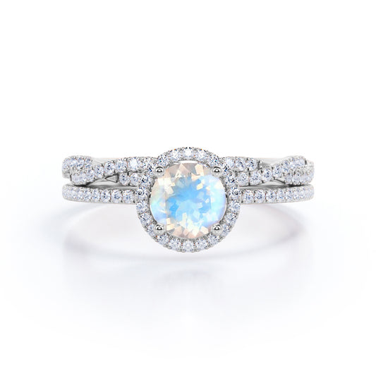 Unique Halo 1.7 carat Round cut Moonstone and diamond Vintage art deco Bridal set for her