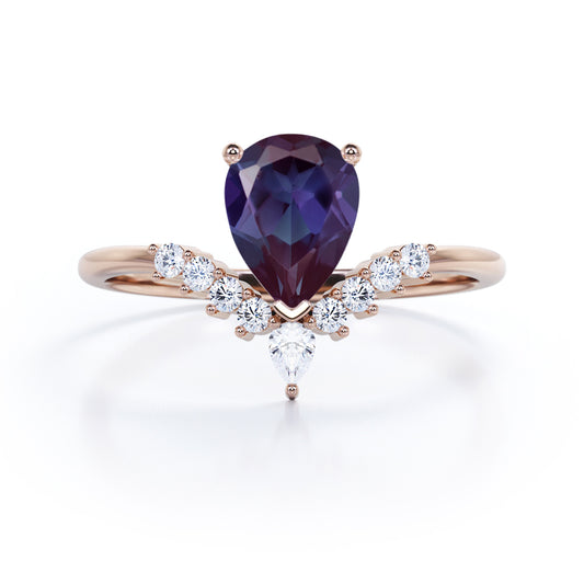 Antique V-shaped 1.1 carat Pear shaped Lab created Alexandrite and diamond engagement ring for women in Rose gold