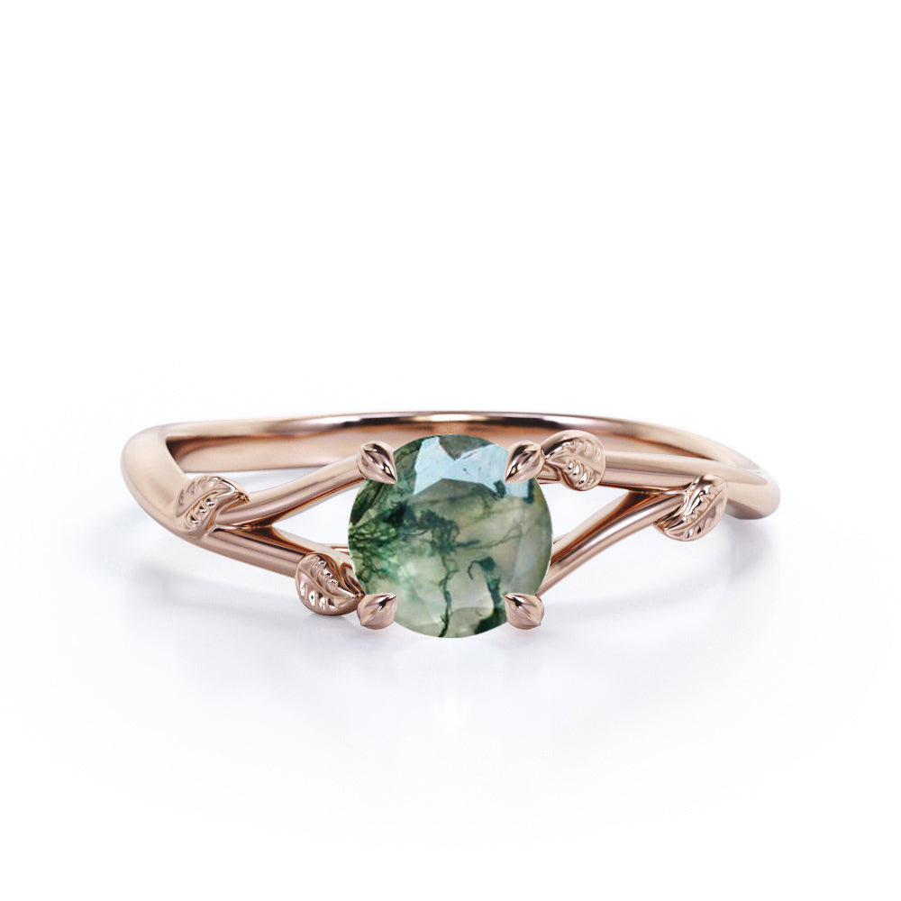 Branchlet Shank 1 carat Round cut Moss Green Agate vine and leaf engagement ring in White gold