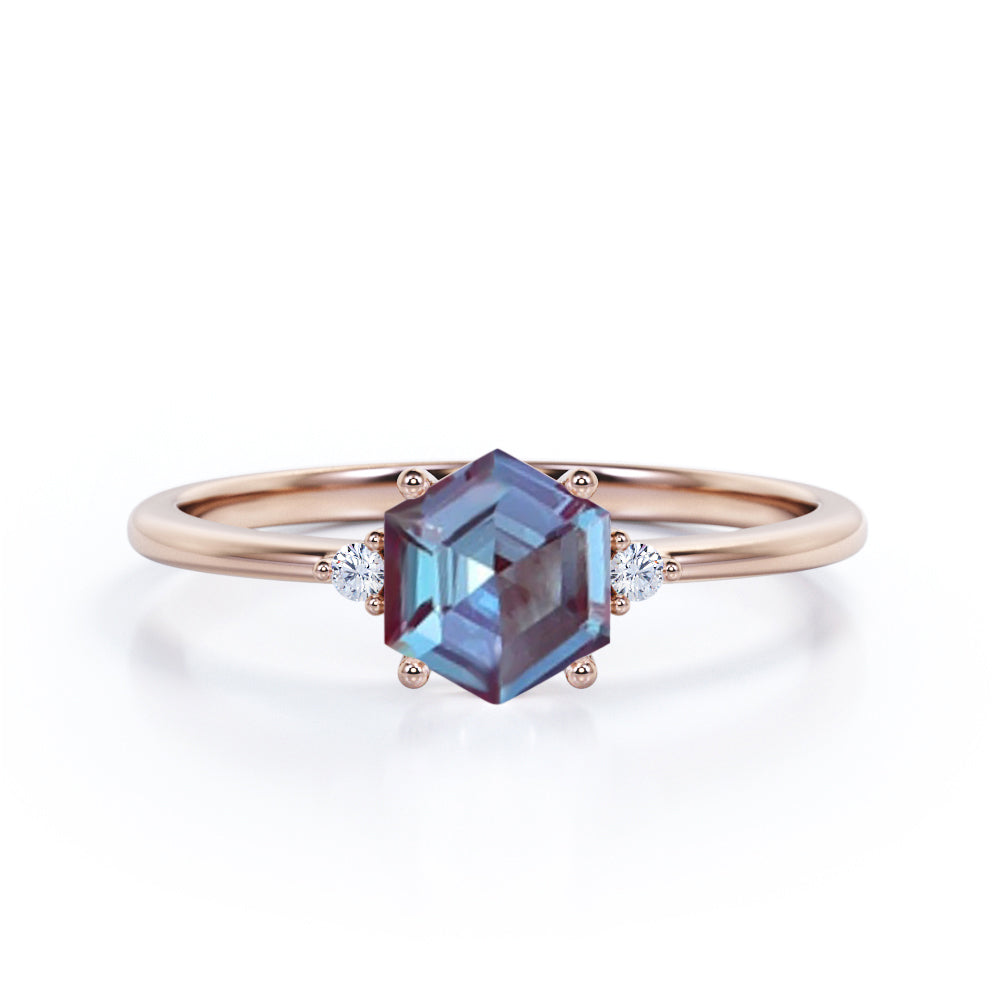 Classic 3 stone 0.55 carat Hexagon shaped lab created Alexandrite and diamond anniversary ring in White gold
