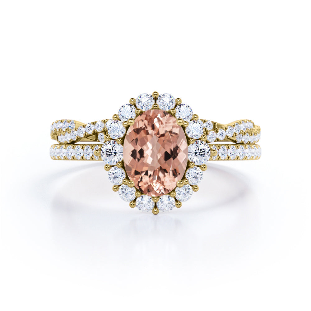 Cluster Halo 1.75 carat Oval cut Morganite and pave diamond - shared prong setting - half-infinity wedding ring set for women in White gold