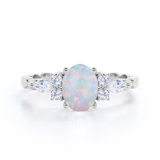 Scalloped 1.35 carat Oval cut Australian Opal and diamond 4 prong engagement ring for her in White gold