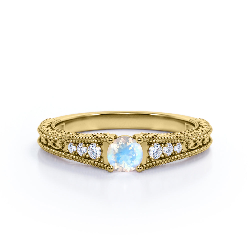 Exquisite Double Beaded 0.6 carat Round cut Moonstone and diamond filigree style engagement ring in White gold
