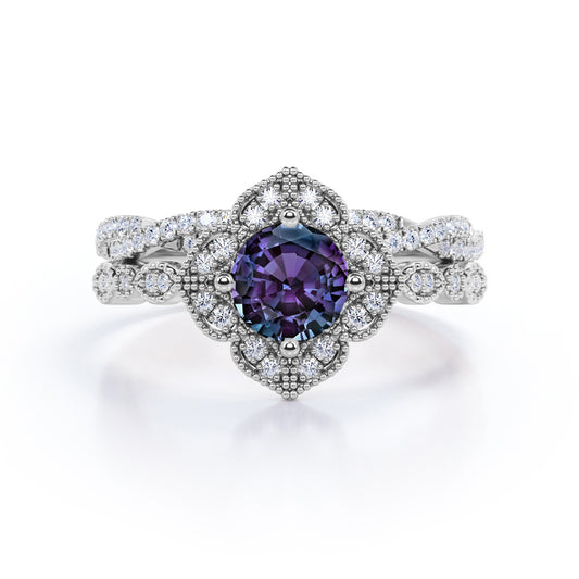 Vintage Floral Halo 1.75 carat round cut Lab created Alexandrite and infinity diamond milgrain wedding ring set in White gold
