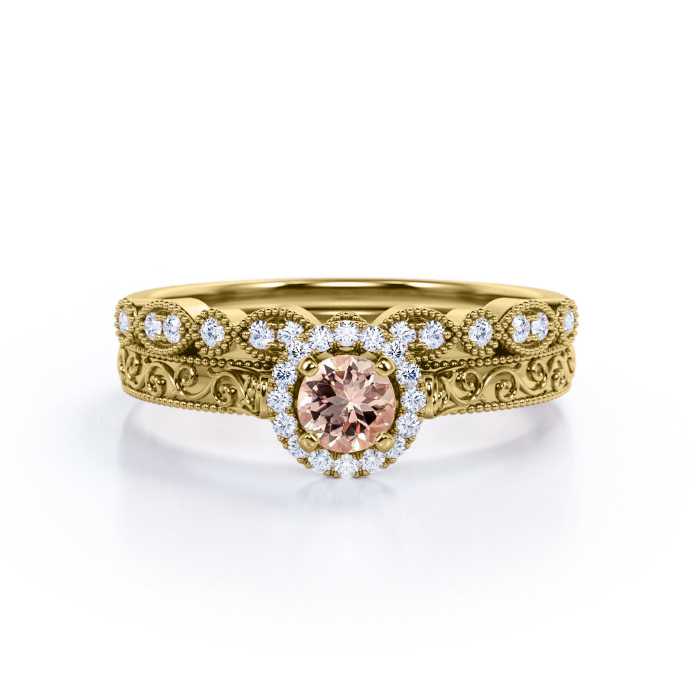 Antique Bridal 1 carat Round cut Morganite and diamond-Filigree and Milgrain-classic halo wedding ring set in White gold