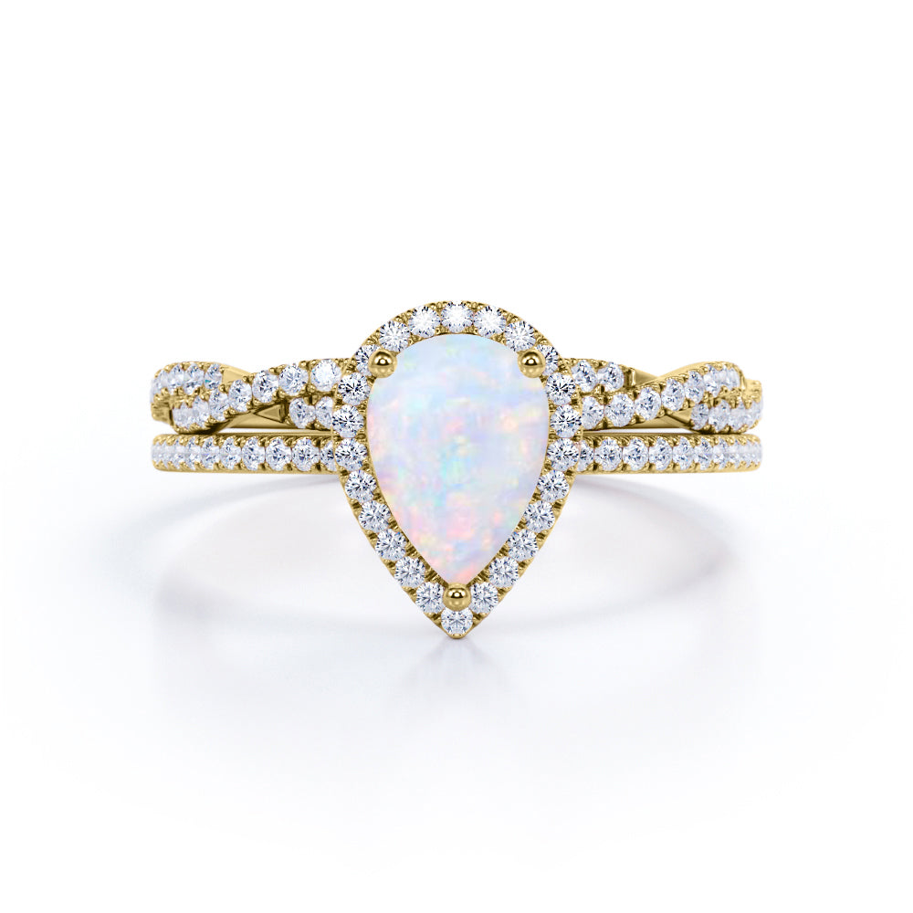 Unique 1.7 carat Pear cut Solid welo Opal and diamond Halo Bridal ring set in White gold