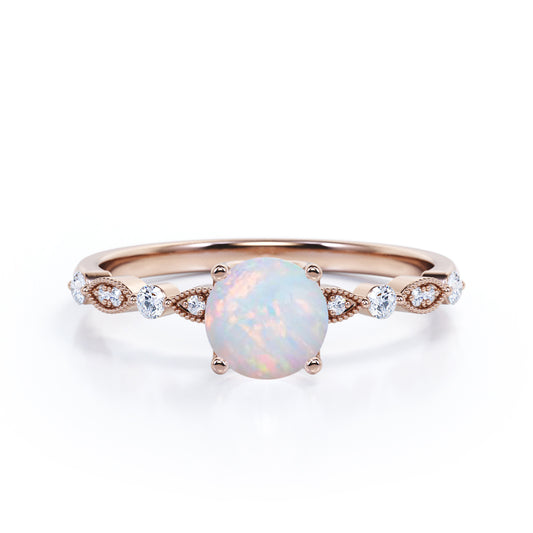 Classic Cathedral set 1.1 carat Round cut Opal and diamond milgrain marquise and dot engagement ring in Rose gold