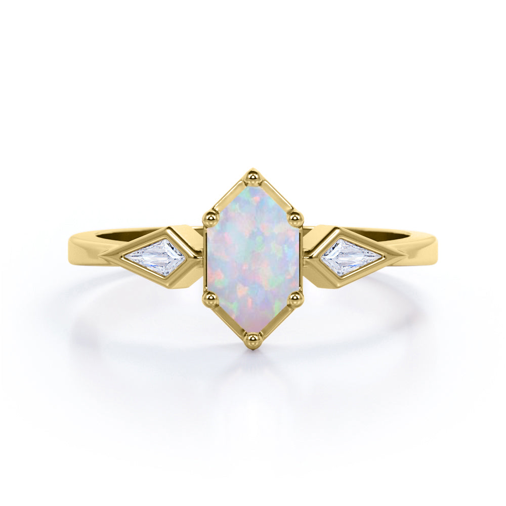 Asymmetric Bezel 1.1 carat Hexagon cut Australian Opal and diamond three stone engagement ring in Rose gold
