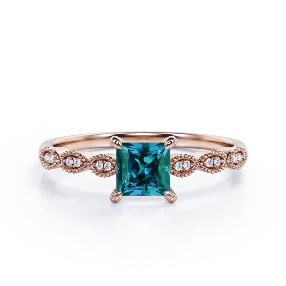 Minimal 1.1 carat Princess cut Lab made Alexandrite and diamond engagement ring for women in White gold