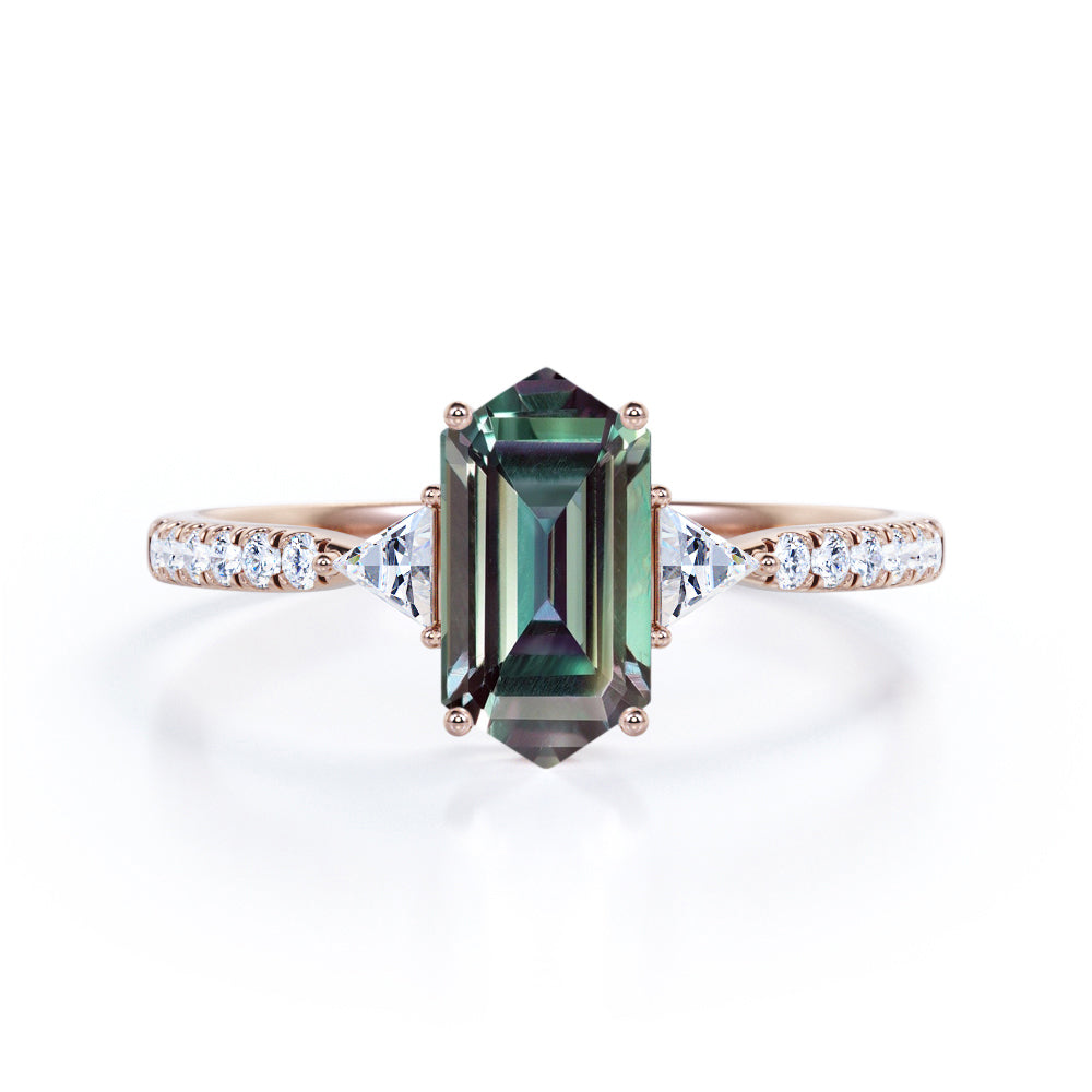 Pave three stone1.25 carat Hexagon shaped Synthetic Alexandrite and diamond trillion engagement ring in White gold