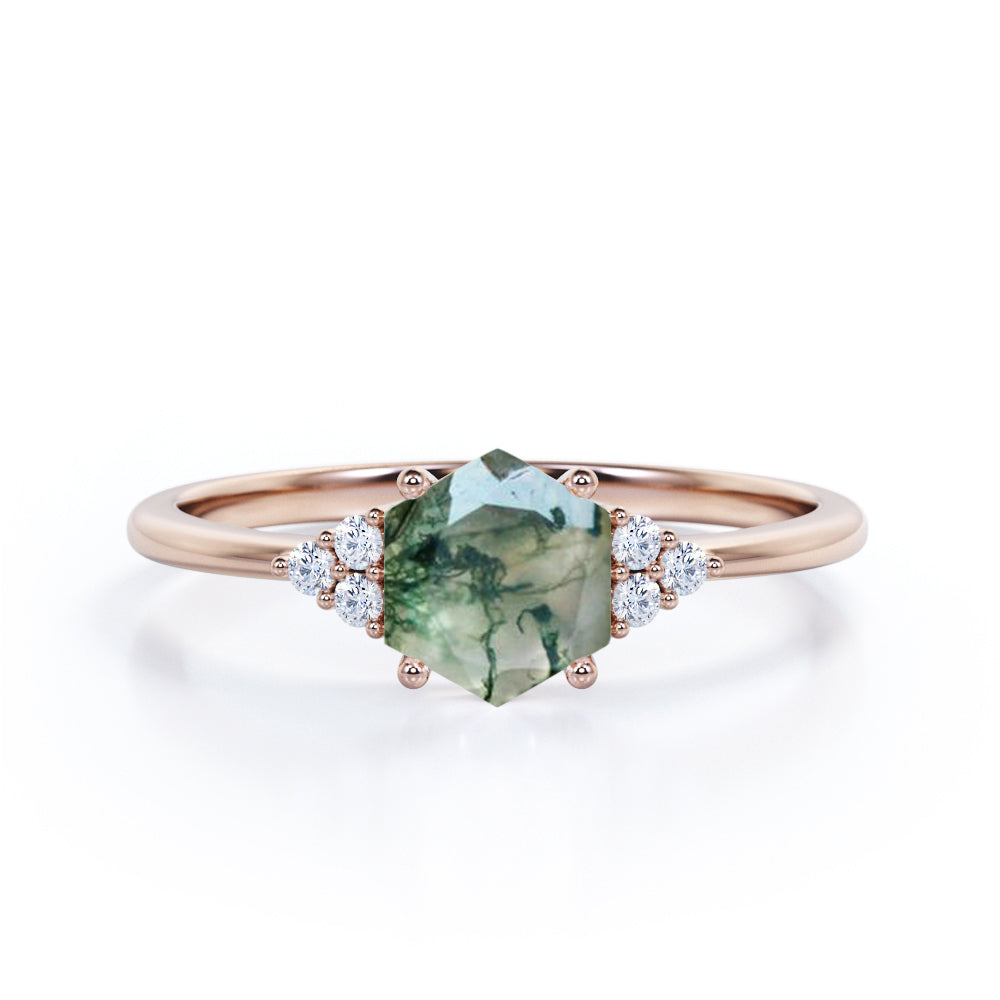 Seven lucky stones 1 carat Hexagon shaped Moss Green Agate and diamond pinched shank engagement ring in White gold