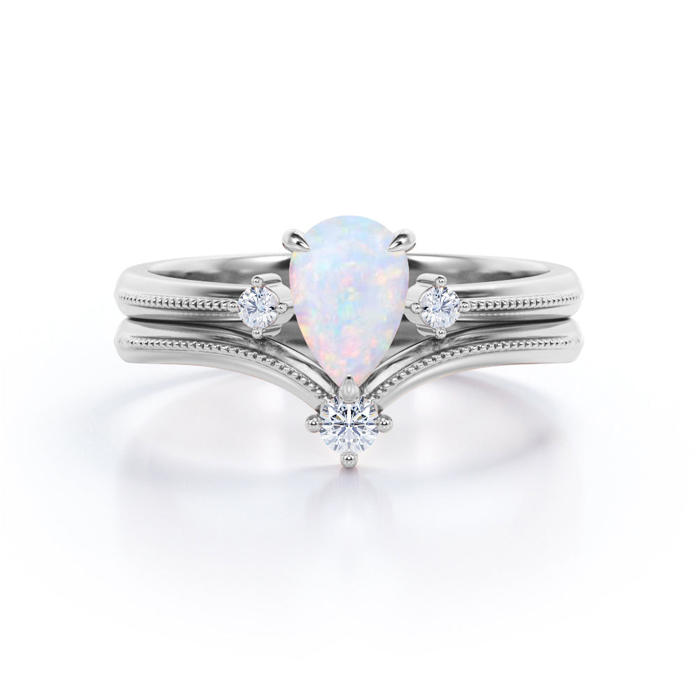Chevron Crown Tiara 1.10 carat Pear cut Australian Fire Opal and Milgrain Border and diamond Wedding Bridal ring set