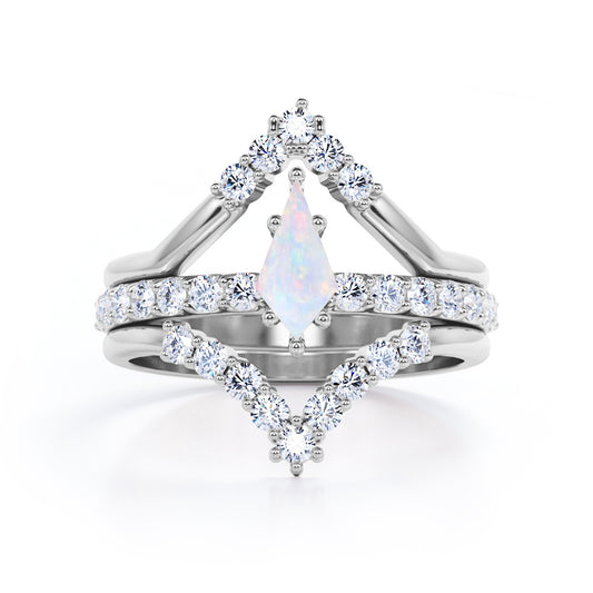 Double Chevron 1.25 carat Kite shaped Opal and diamonds art deco style trio wedding ring set for women in White gold