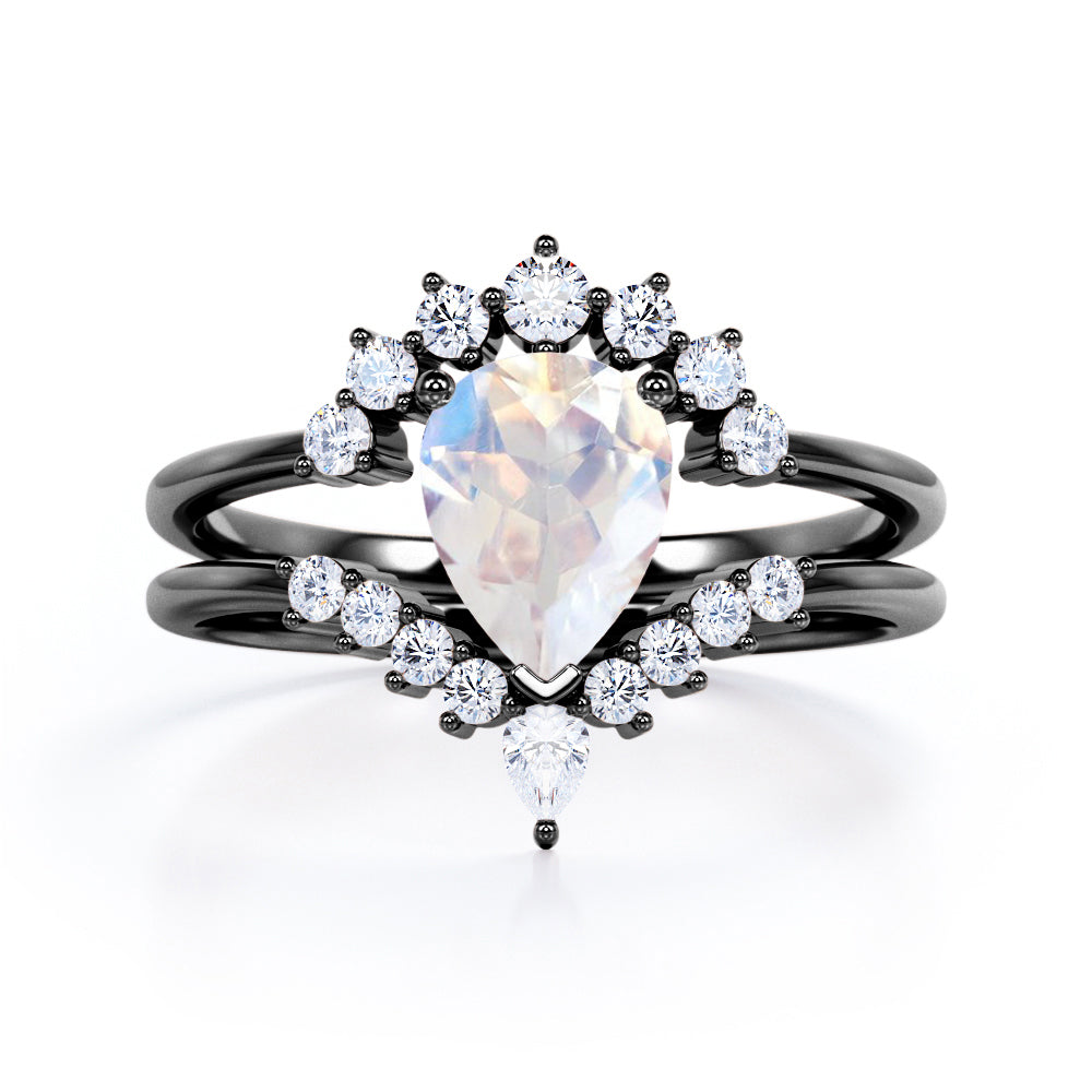 Artisan 1.45 carat Brilliant Pear Blue Moonstone and diamond contoured wedding ring set for women in Rose gold