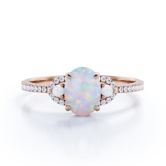 Exquisite Freshwater pearl 1.45 carat Oval cut Ethiopian Opal and diamond claw prong wedding ring set for her in Rose gold