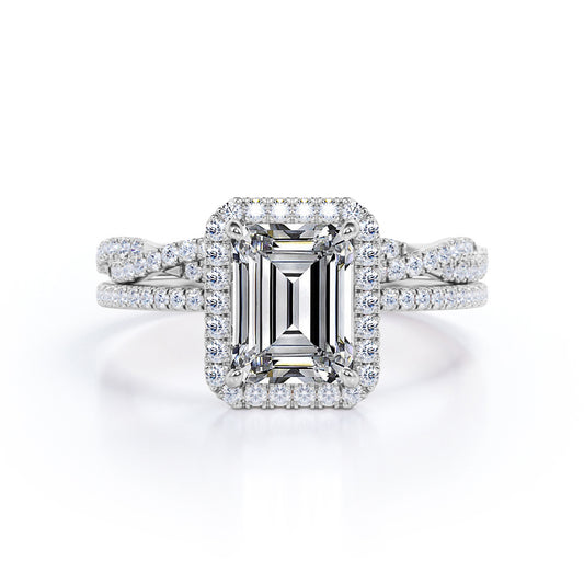 Unique pave set 1.7 carat Emerald cut Moissanite and diamond Halo wedding ring set in white gold