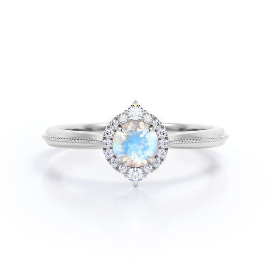 Authentic Milgrain Round cut 1.15 carat Moonstone and Diamond Halo Bridal set in White gold