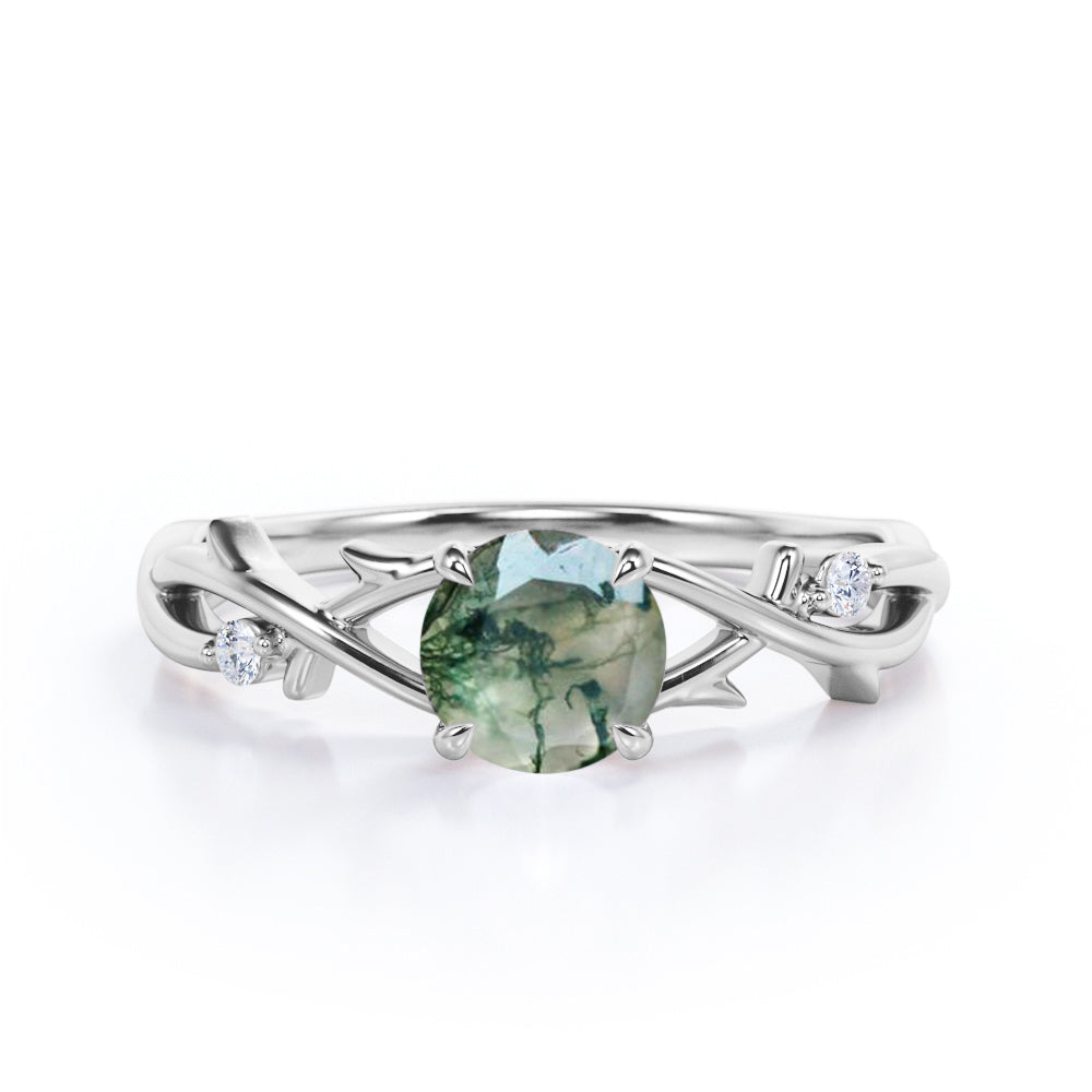 Nature inspired 1 carat Round cut Moss Green Agate and diamond claw prong setting engagement ring in Rose gold