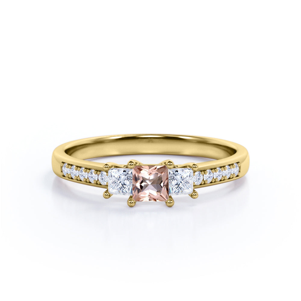 Channel set 0.75 carat Princess cut Morganite and diamond past present future engagement ring in White gold