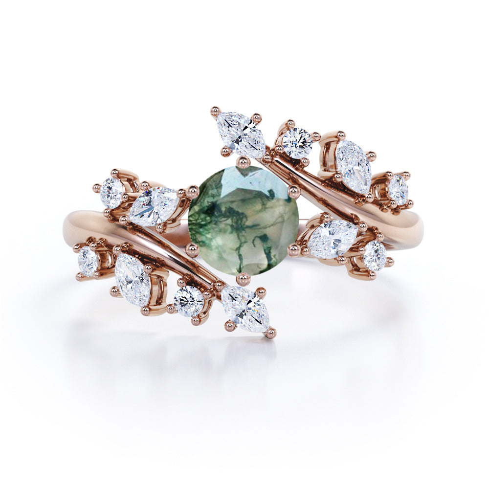 Floral Branch style 0.75 carat Round cut Moss Green Agate and diamond open style engagement ring in White gold