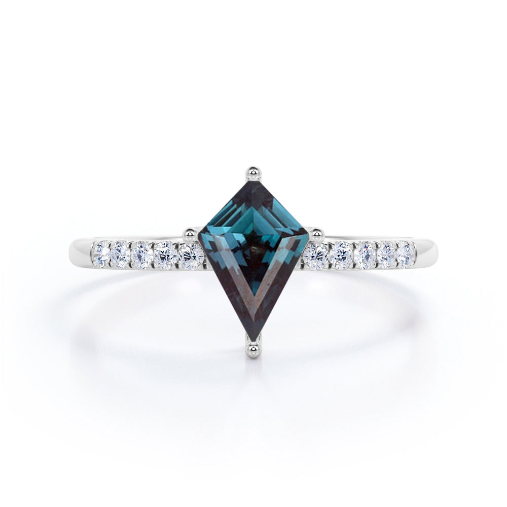 Pave set 1.15 carat Kite shaped Alexandrite and diamond classic vintage engagement ring in Rose gold