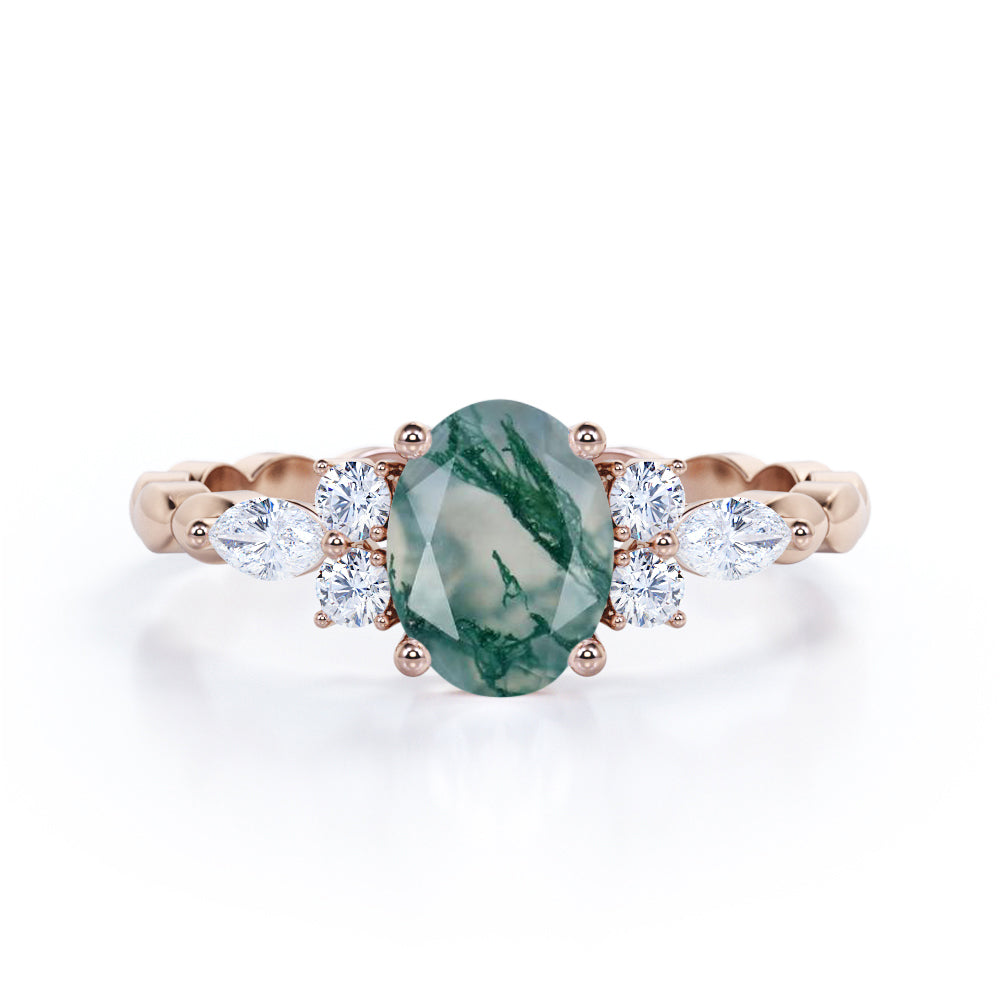 Marquise Twisted Rope design 1.15 carat Oval cut Moss Green Agate and diamond engagement ring in White gold