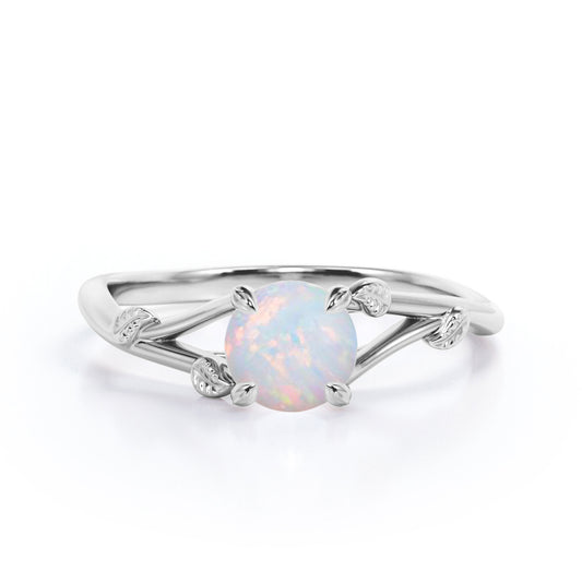Nature inspired 1 carat Round cut Australian Opal dainty twig and vine engagement ring in White gold