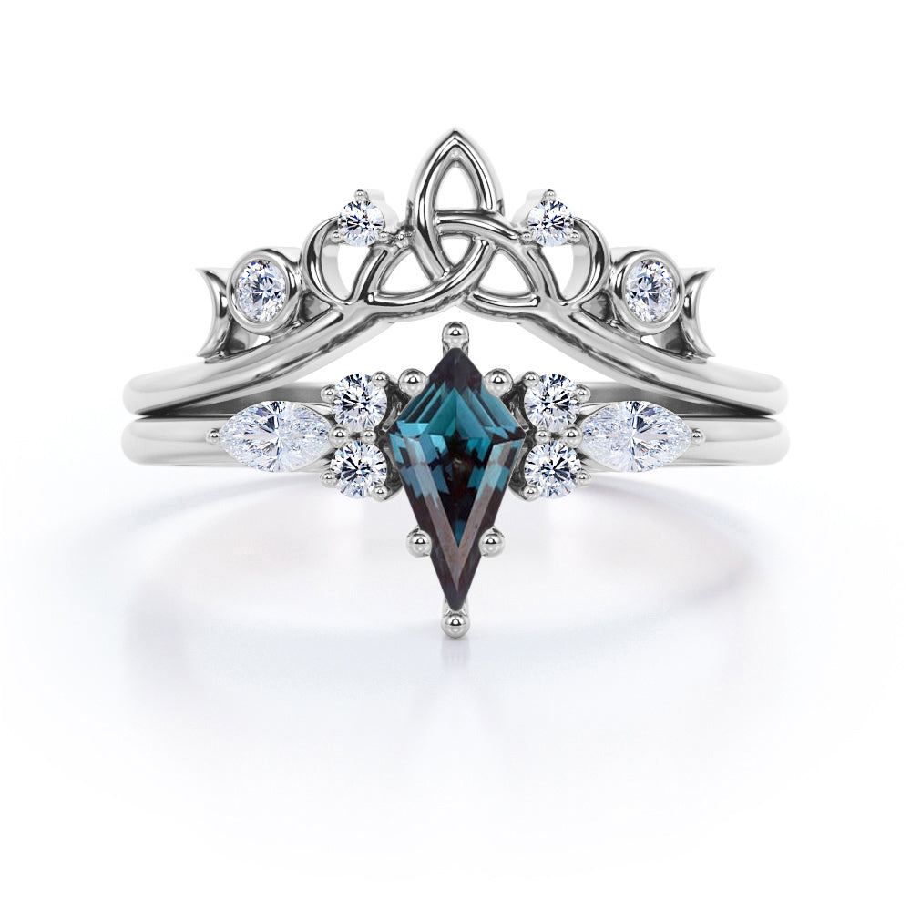Triad Crown 1.25 carat Kite shaped Lab created Alexandrite and diamond 6 prong wedding ring set for women in Black gold