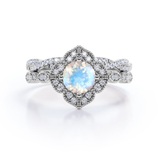 Vintage Flower inspired 1.75 carat Milgrain border Moonstone and half-infinity wedding ring set for her