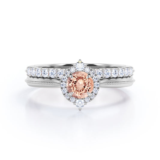 Distinctive halo 1.45 carat Round cut Pink Morganite and diamond Milgrain border engagement ring and bar set wedding band - Bridal wedding set