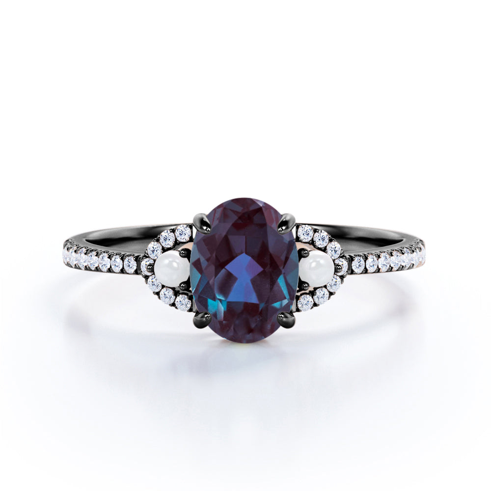 Crescent bands 1.5 carat Oval shaped Synthetic Alexandrite, diamonds and pearl engagement ring in White gold