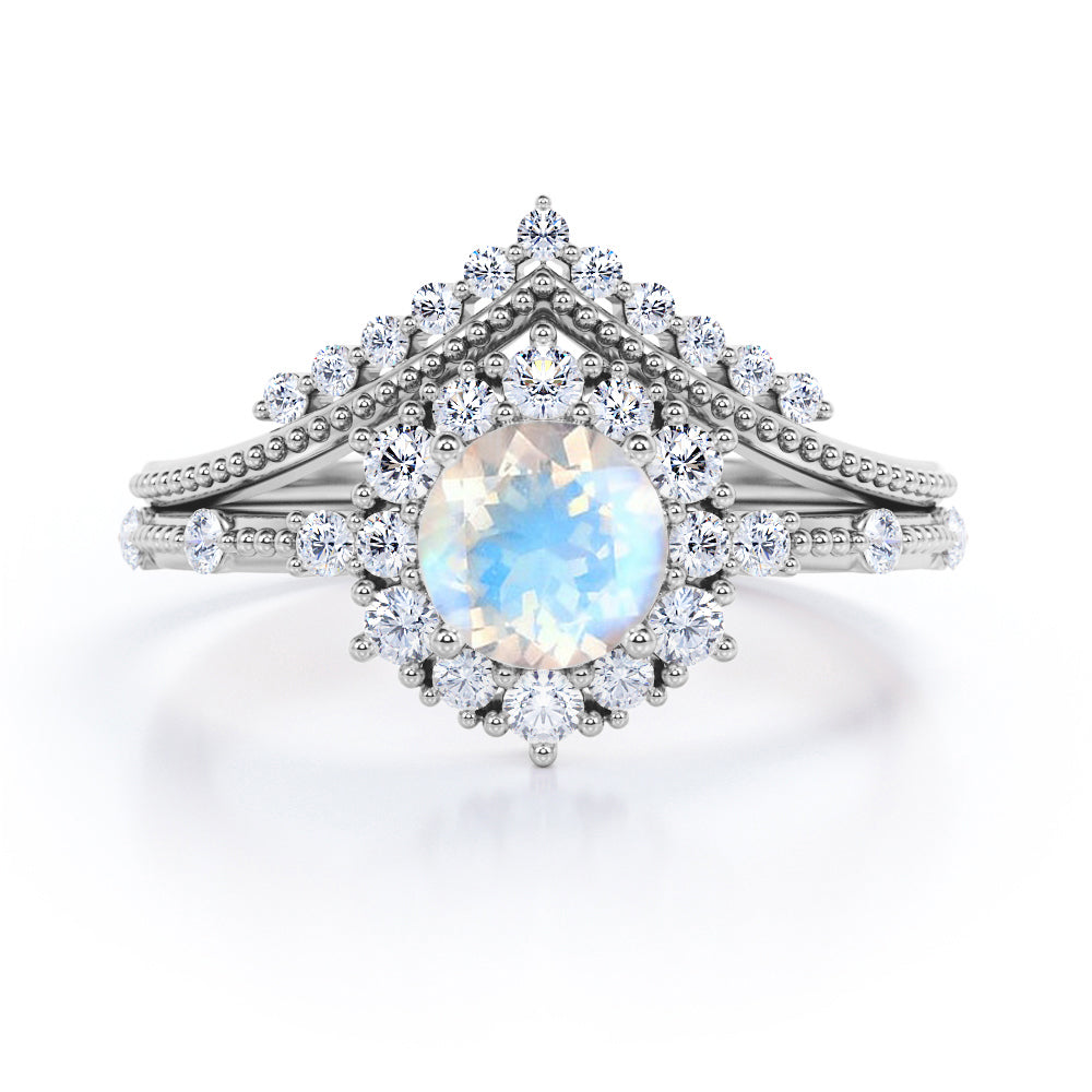 Crowned Milgrain 1.7 carat Round cut Moonstone and diamond vintage art deco wedding ring set in Black gold