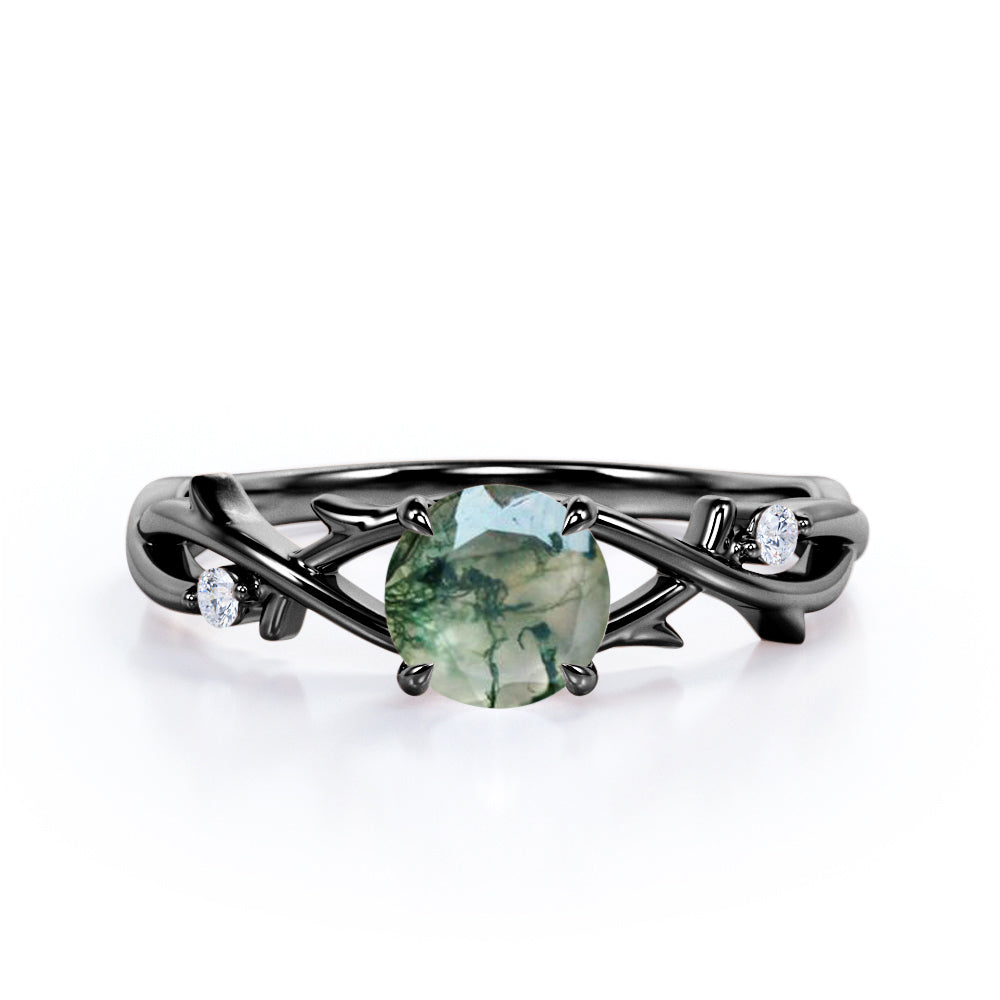 Nature inspired 1 carat Round cut Moss Green Agate and diamond claw prong setting engagement ring in Rose gold