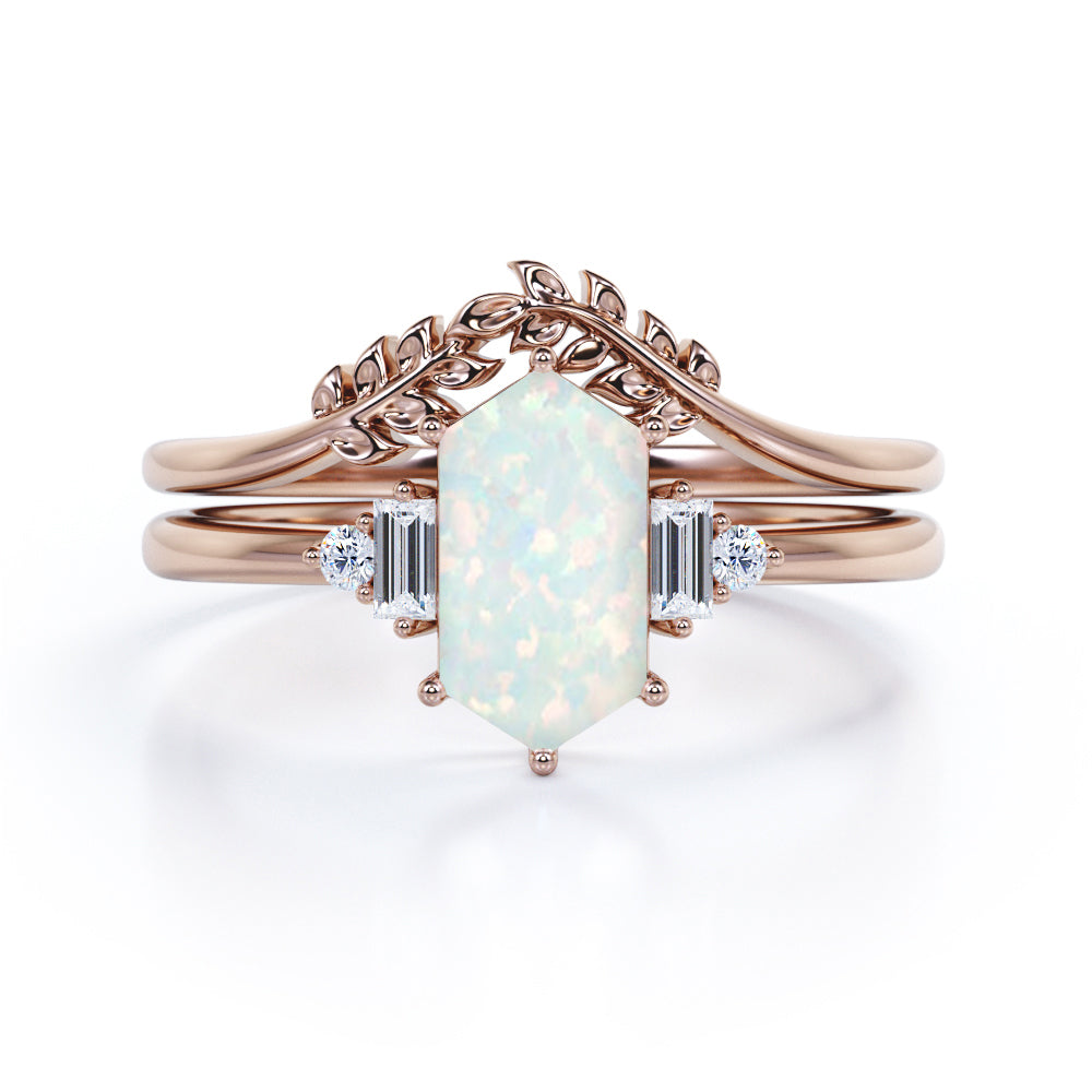 Contoured leaf 1.15 carat Hexagon shaped Australian Opal and diamond nature inspired wedding ring set for women in White gold