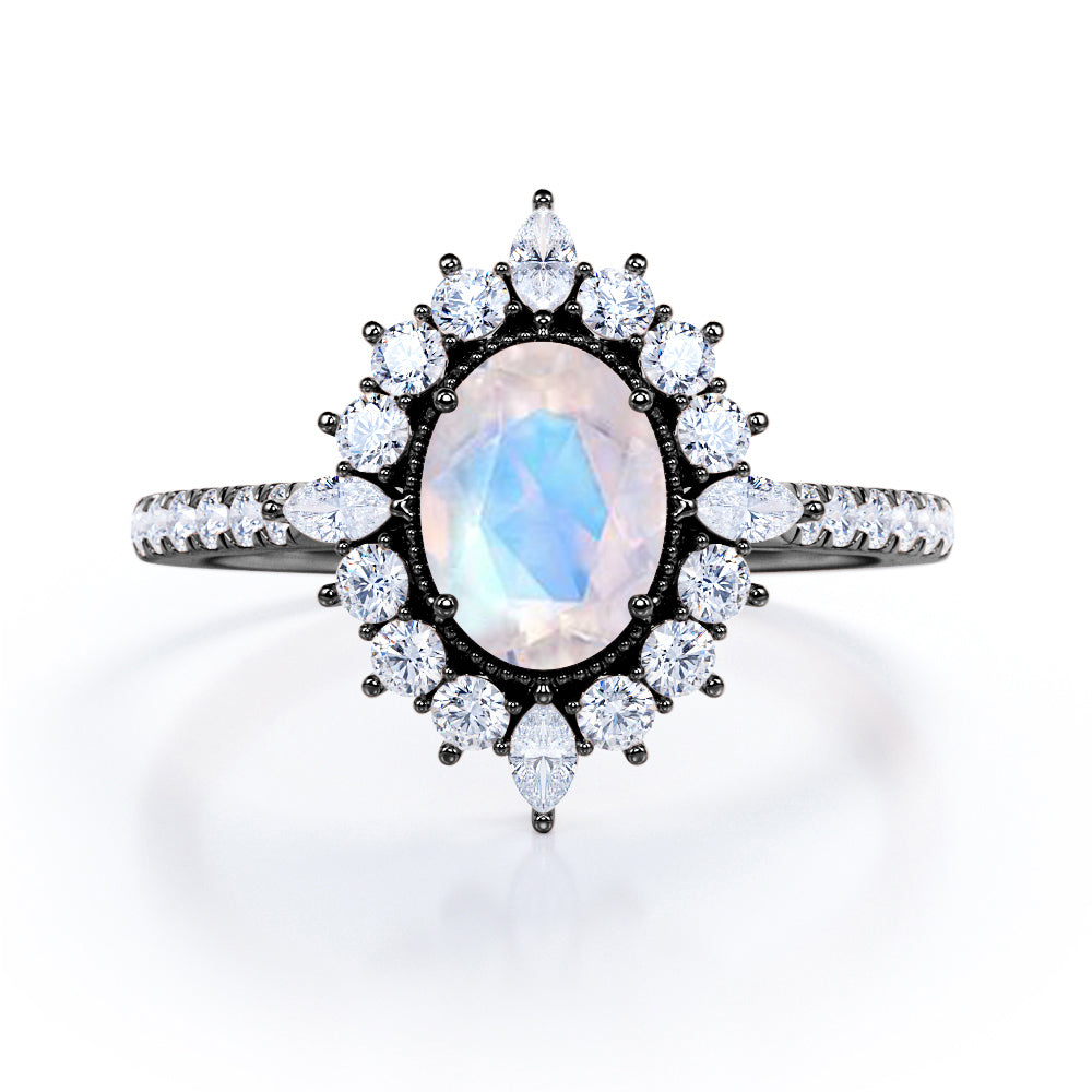 Huge Clustered Halo 1.5 carat Oval cut Moonstone and diamond Beaded eternity engagement ring in Rose gold