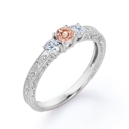 Vintage Milgrain 1.1 carat Round cut Peach Morganite and diamond victorian filigree - three stone engagement ring in White gold