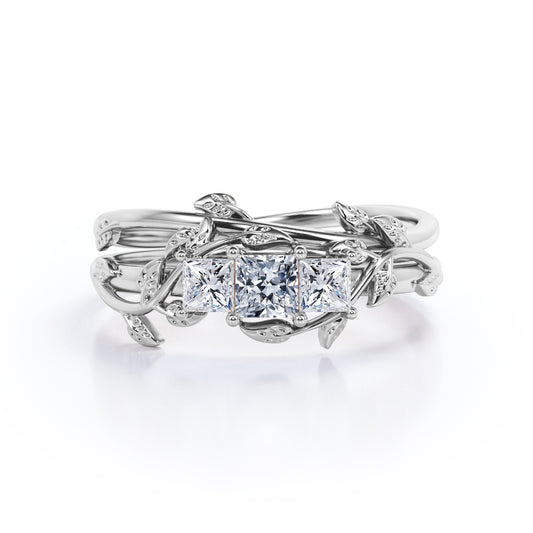 Triple stone 1.1 carat Princess cut Moissanite nature themed wedding rings for women in gold- Bridal ring set