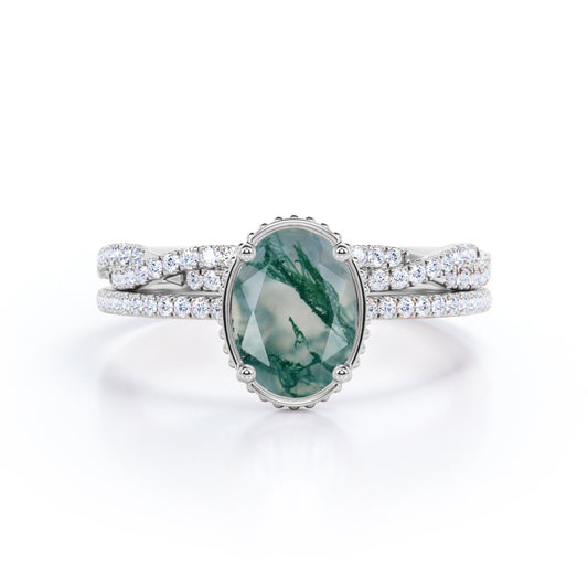 Classic 1.50 carat Oval shape Moss Green Agate and diamond Milgrain Halo Wedding ring set for her in gold